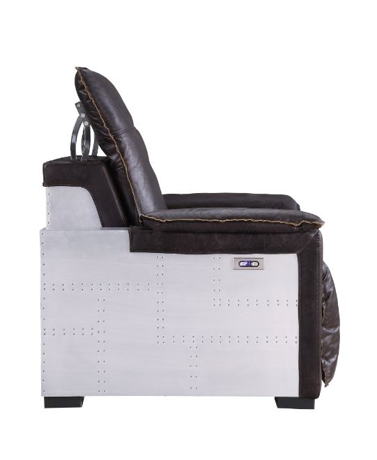ACME Nernoss Dark Grain Brown Leather & Aluminum Power Motion Recliner Model 59943