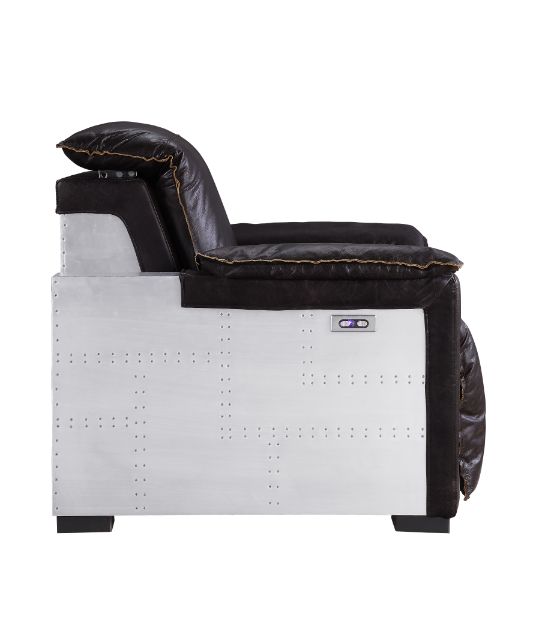 ACME Nernoss Dark Grain Brown Leather & Aluminum Power Motion Recliner Model 59943