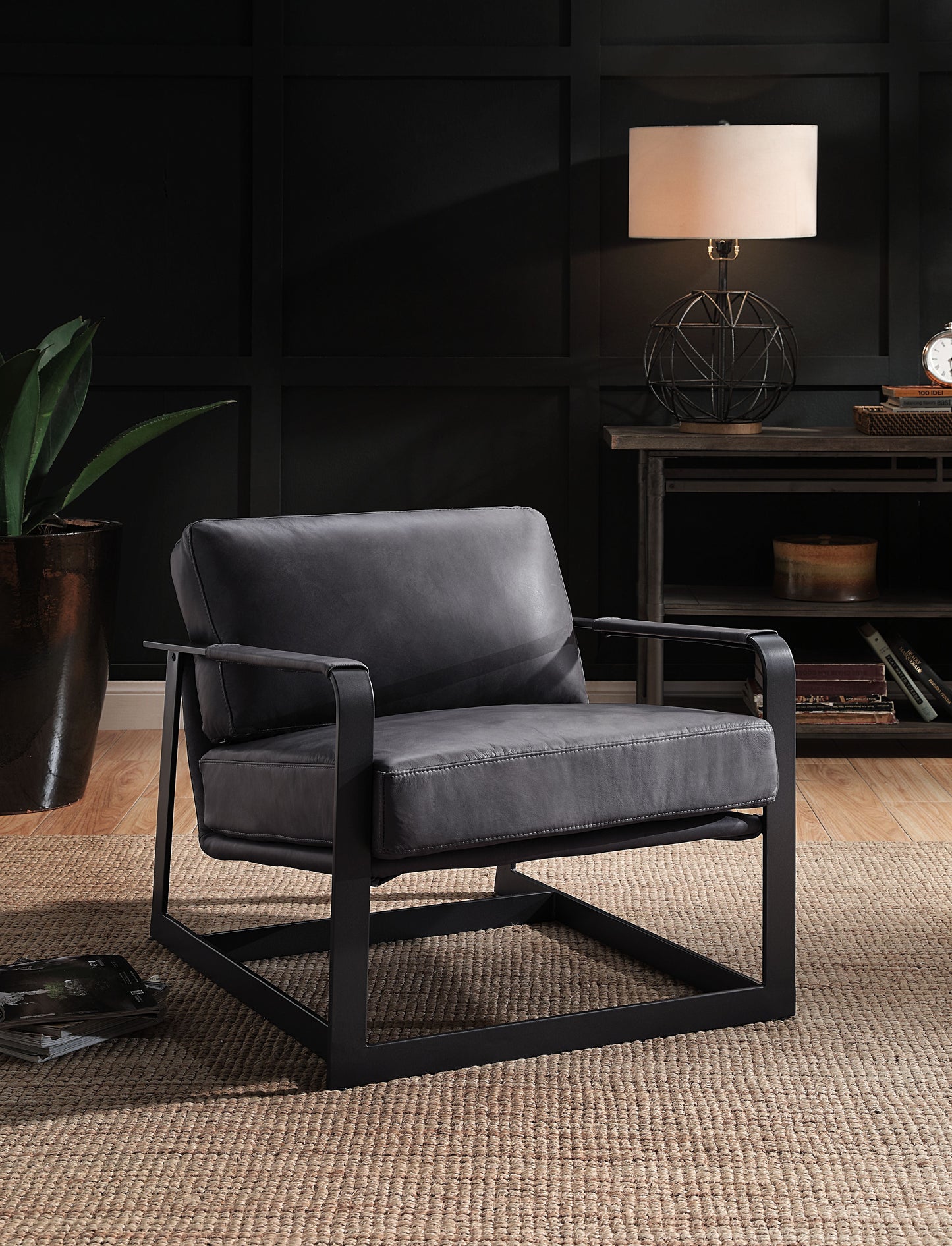 ACME Locnos Gray Top Grain Leather & Black Accent Chair Model 59944