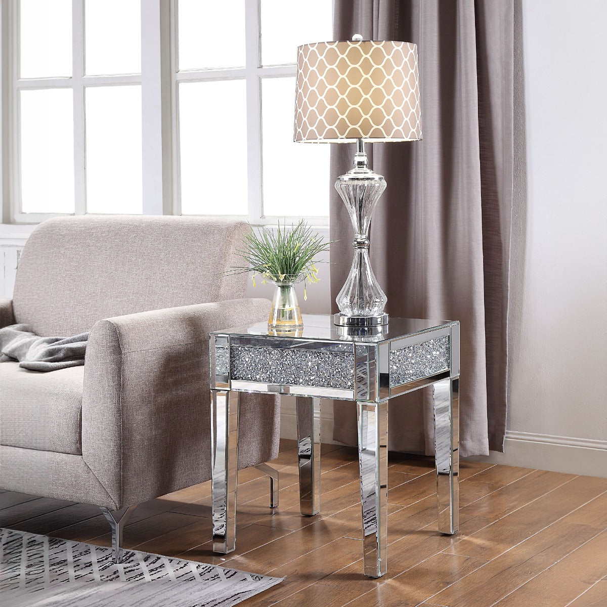 ACME Noralie Mirrored & Faux Diamonds End Table Model 81417