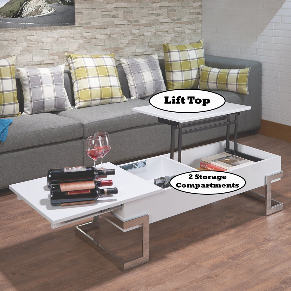 ACME Calnan WhiteHigh Gloss & Chrome Coffee Table with Lift Top Model 81850