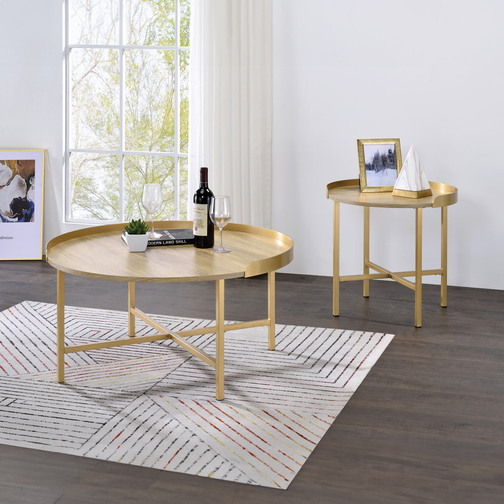ACME Mithea Oak Table Top & Gold Coffee Table Model 82335