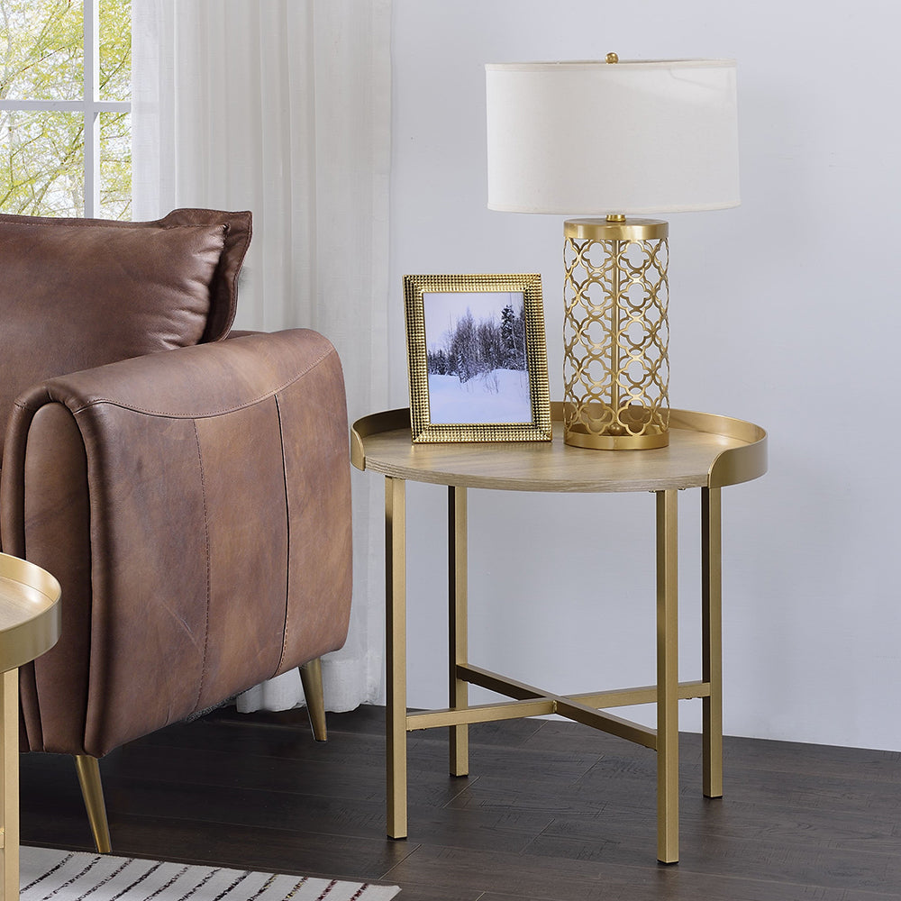 ACME Mithea Oak Table Top & Gold End Table Model 82337