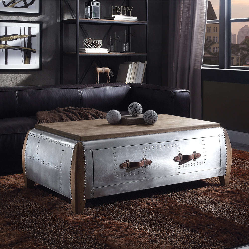 ACME Brancaster Antique Oak & Aluminum Coffee Table Model 82855