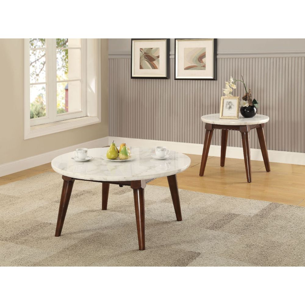 ACME Gasha White Natural Marble Top & Walnut Coffee Table Model 82890
