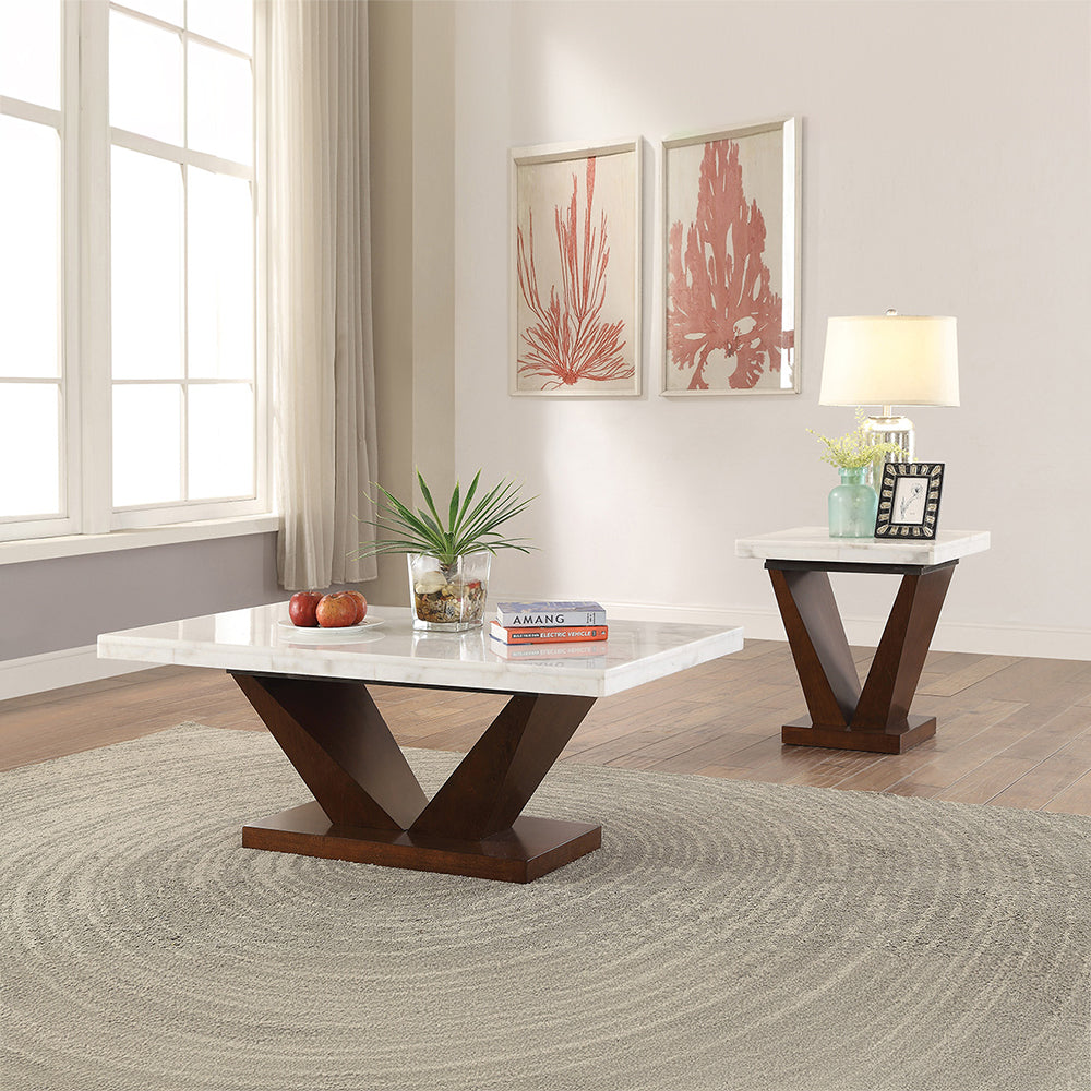 ACME Forbes White Natural Marble Top & Walnut End Table Model 83337