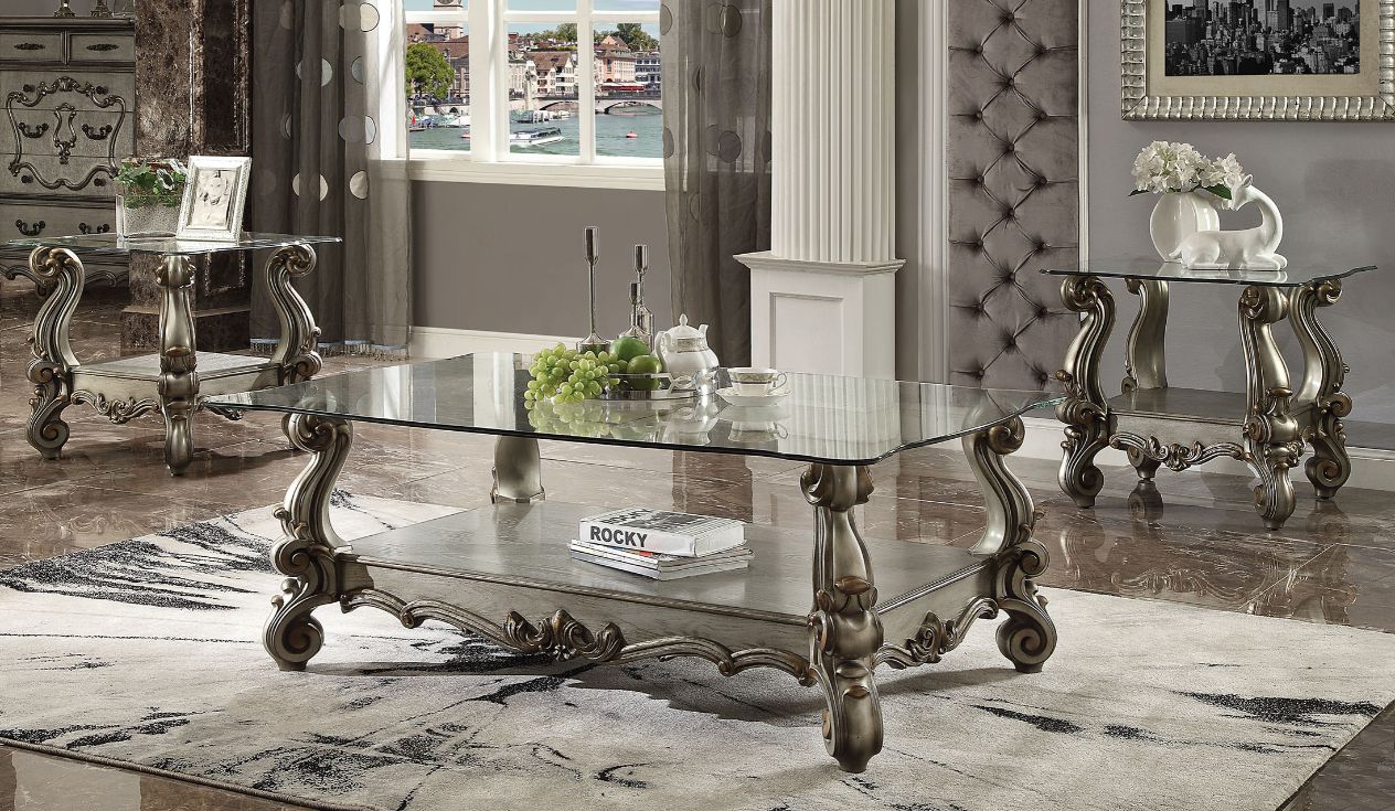 ACME Versailles Antique Platinum & Clear Glass Coffee Table Model 86840