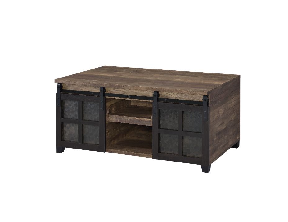 ACME Nineel Obscure Glass Rustic Oak & Black Coffee Table Model 87955