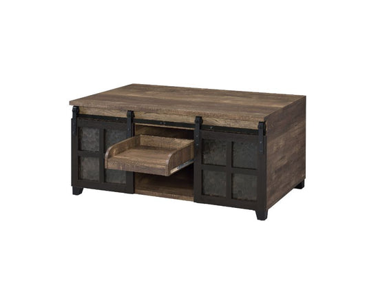 ACME Nineel Obscure Glass Rustic Oak & Black Coffee Table Model 87955