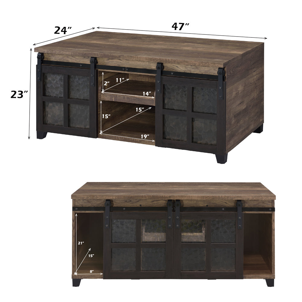 ACME Nineel Obscure Glass Rustic Oak & Black Coffee Table Model 87955