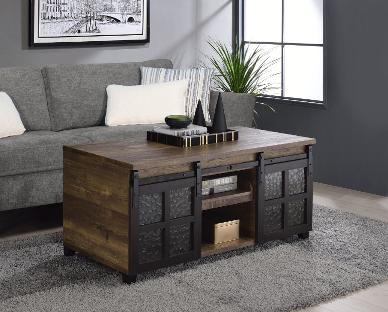 ACME Nineel Obscure Glass Rustic Oak & Black Coffee Table Model 87955