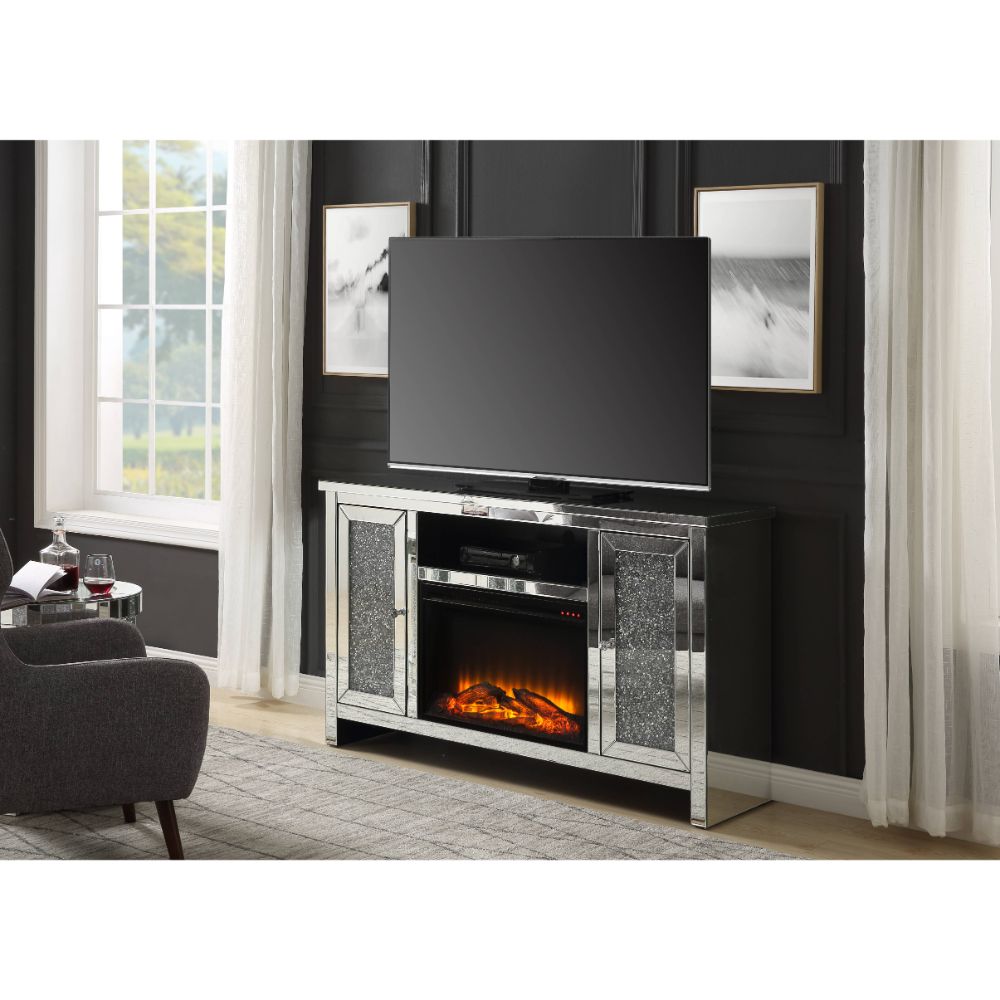 ACME Noralie Mirrored & Faux Diamonds TV Stand with Fireplace Model 91775