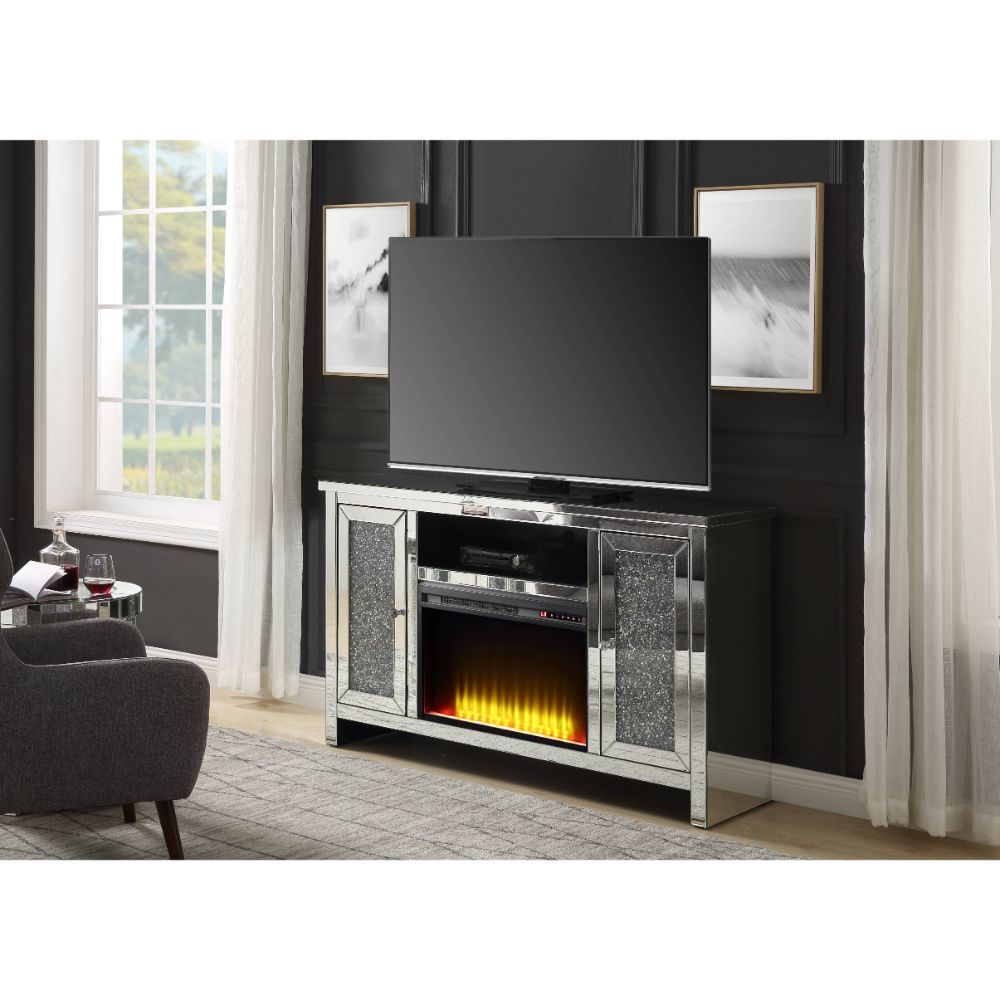 ACME Noralie Mirrored & Faux Diamonds TV Stand with Fireplace Model 91775