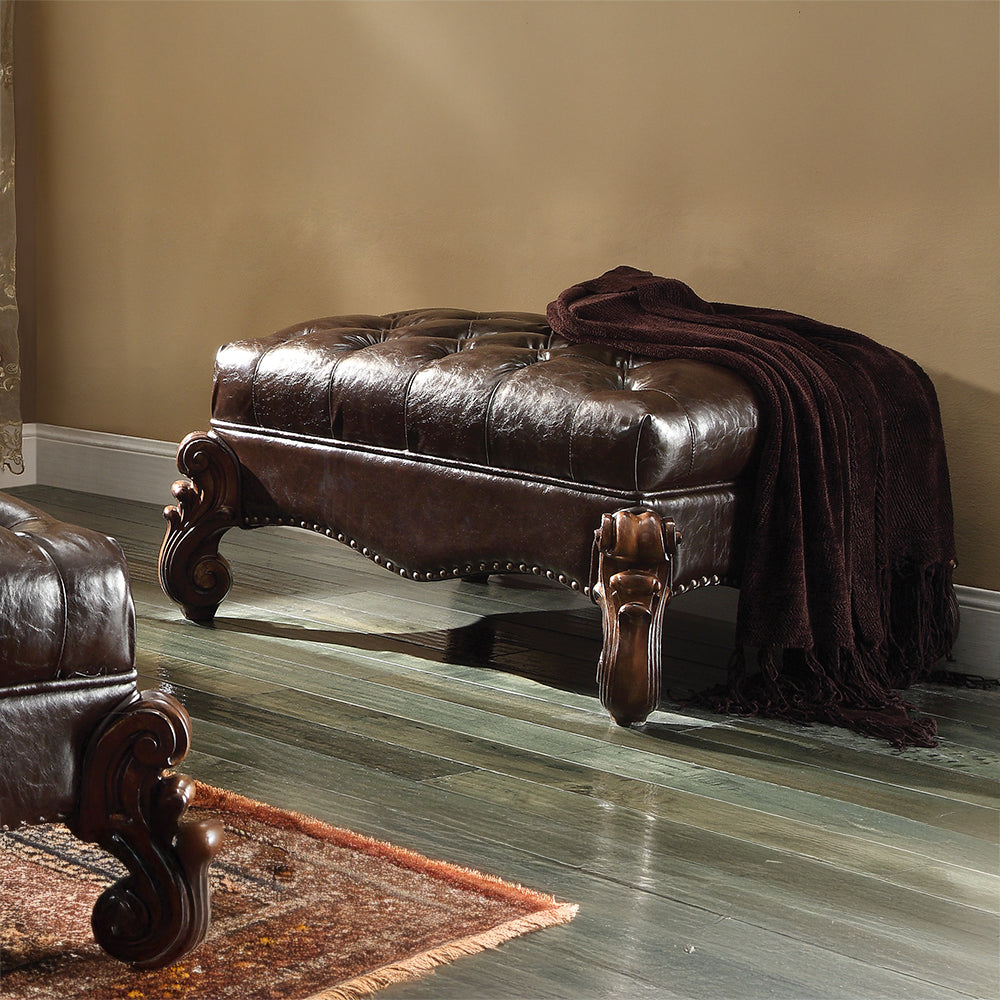 ACME Versailles Two Tone Dark Brown Synthetic Leather & Cherry Oak Ottoman Model 96538