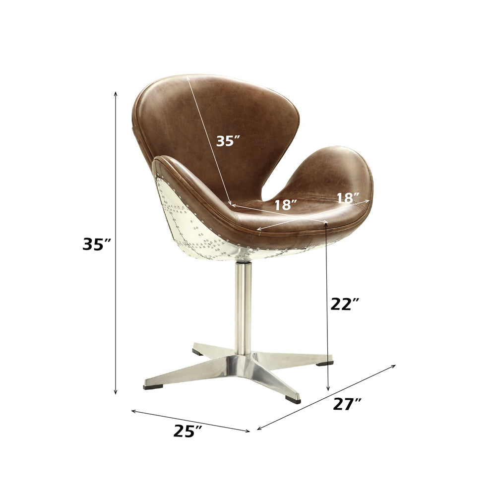 ACME Brancaster Retro Brown Top Grain Leather & Aluminum Accent Chair with Swivel Model 96553