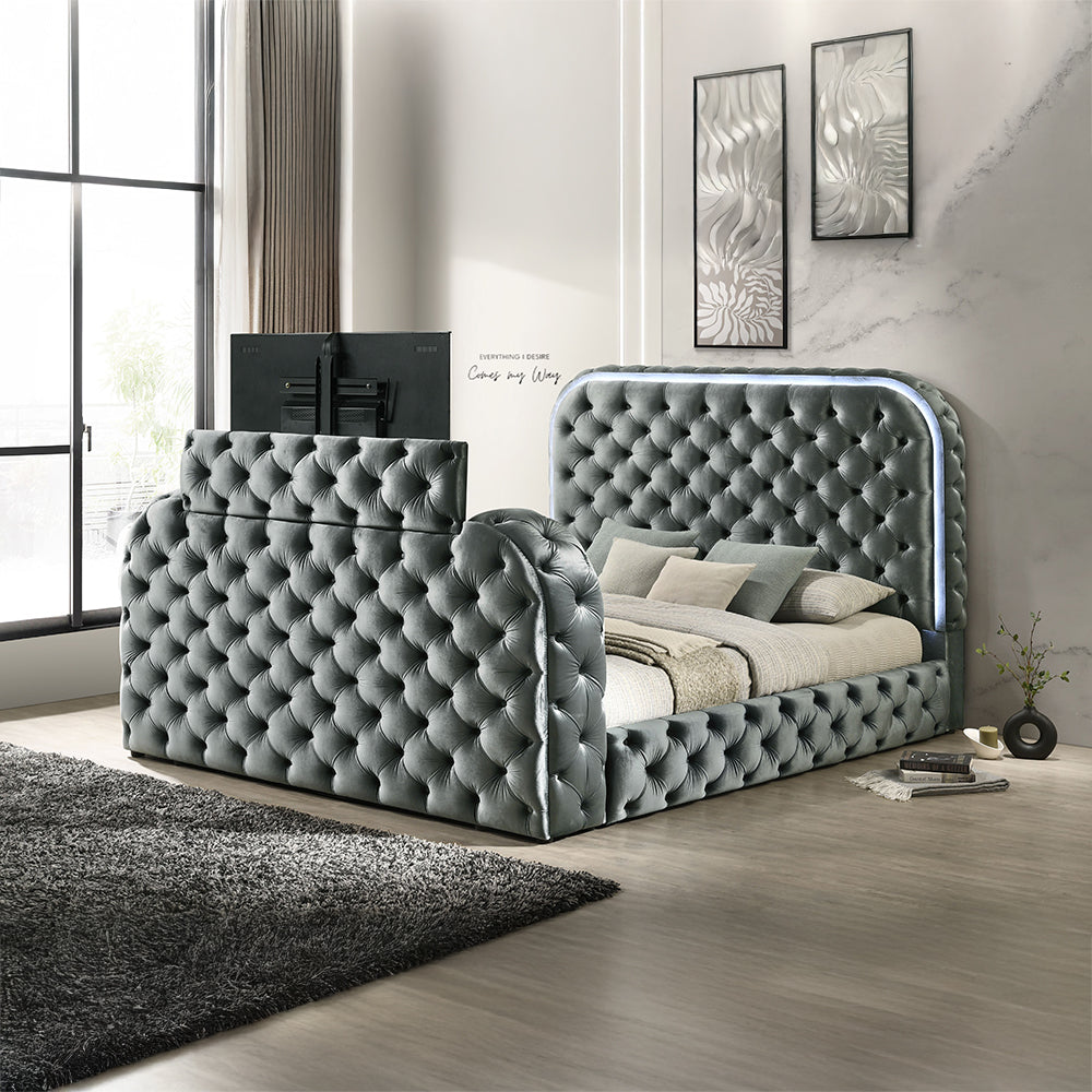 ACME Kana Gray Upholstery Velvet Queen Bed with LED Fireplace & TV Stand Model BD05072Q