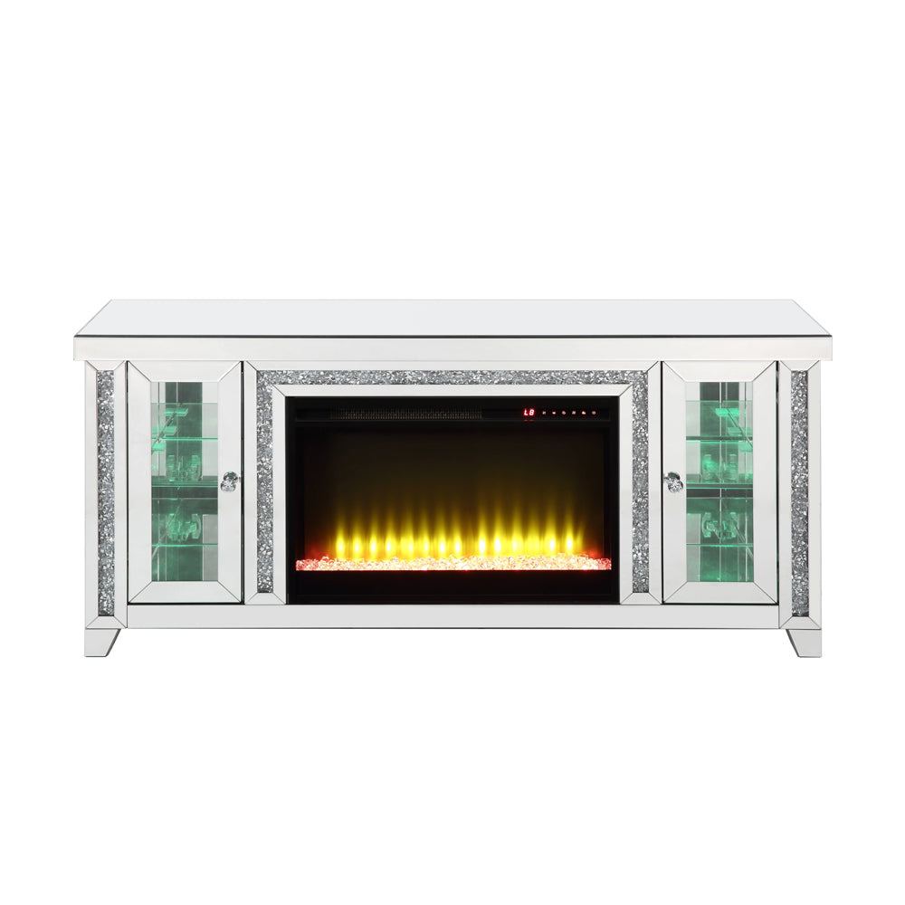 ACME Noralie Mirrored & Faux Diamonds TV Stand with Fireplace & LED Model LV00315