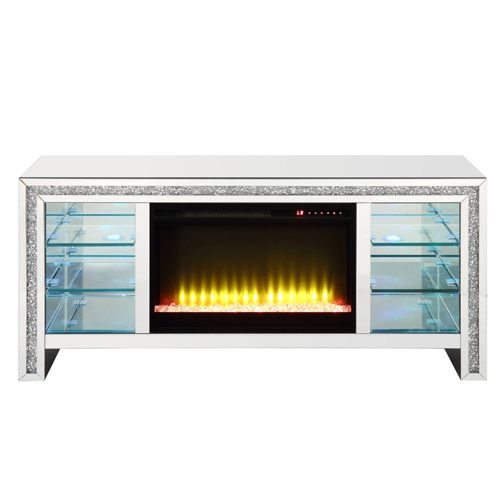 ACME Noralie Mirrored & Faux Diamonds TV Stand with Fireplace & LED Model LV00317