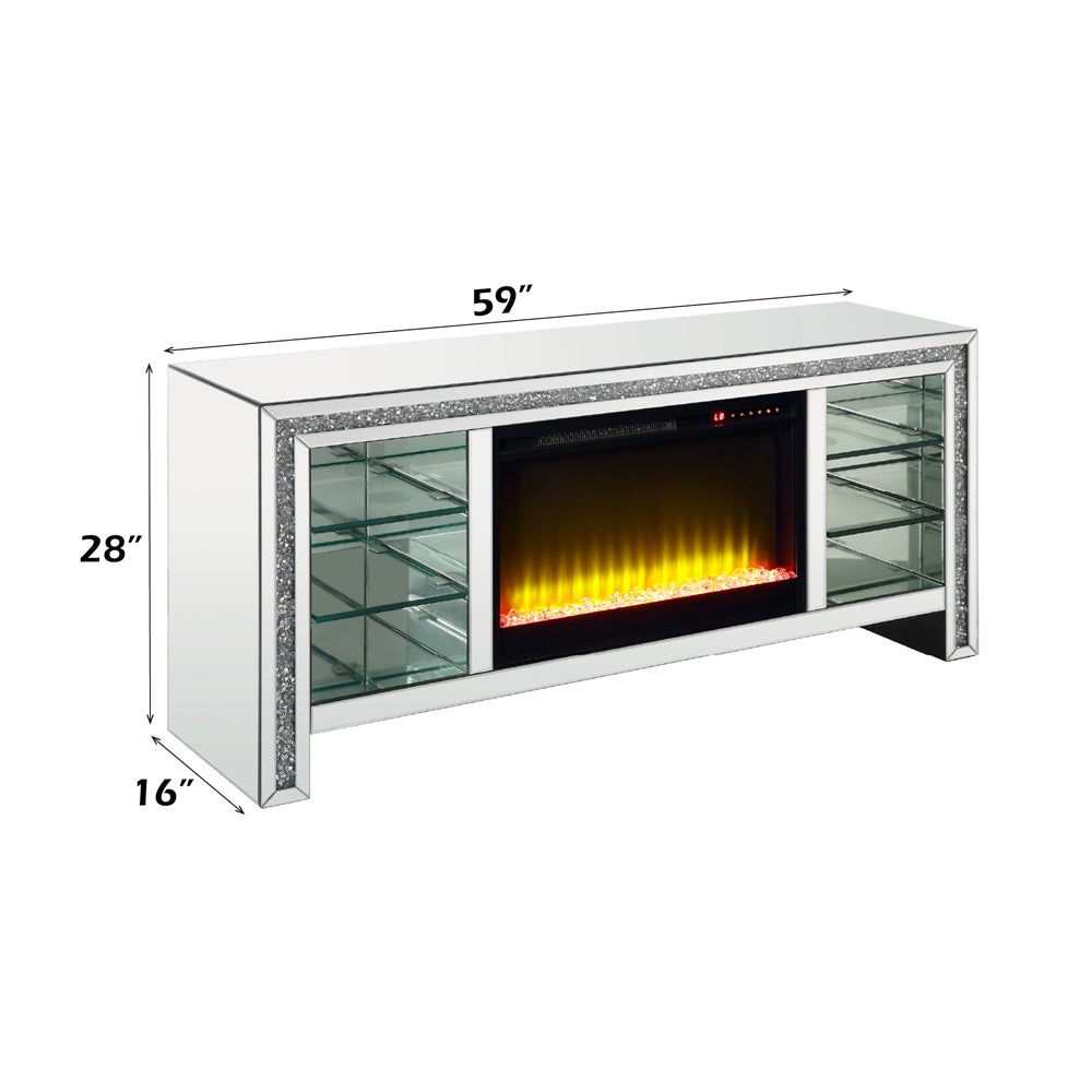 ACME Noralie Mirrored & Faux Diamonds TV Stand with Fireplace & LED Model LV00317