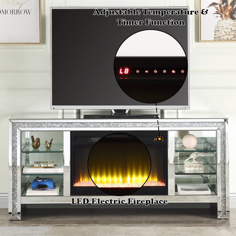 ACME Noralie Mirrored & Faux Diamonds TV Stand with Fireplace & LED Model LV00317