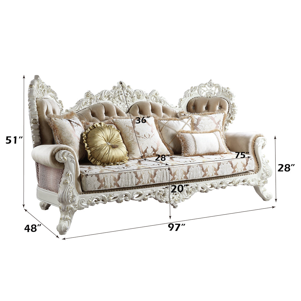 ACME Vanaheim Fabric & Antique White Sofa with 7 Pillows Model LV00803
