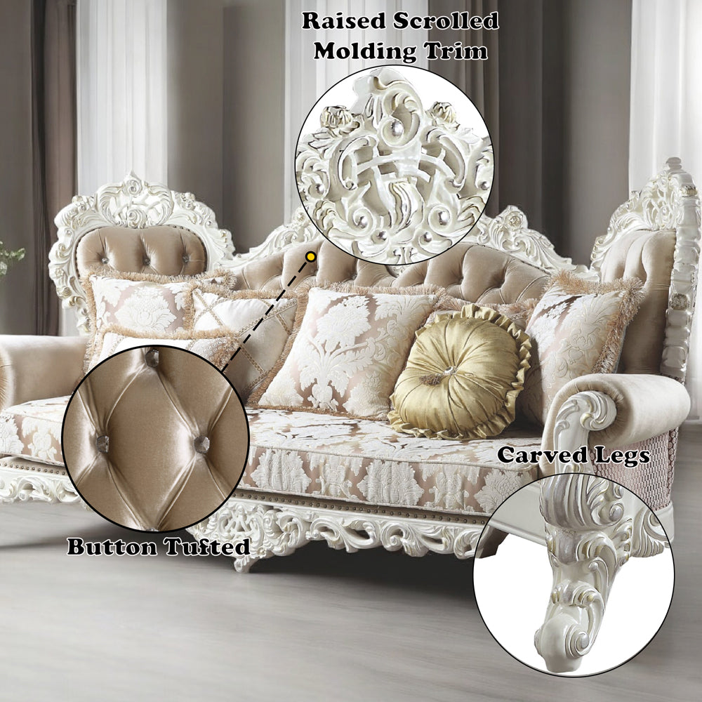 ACME Vanaheim Fabric & Antique White Sofa with 7 Pillows Model LV00803