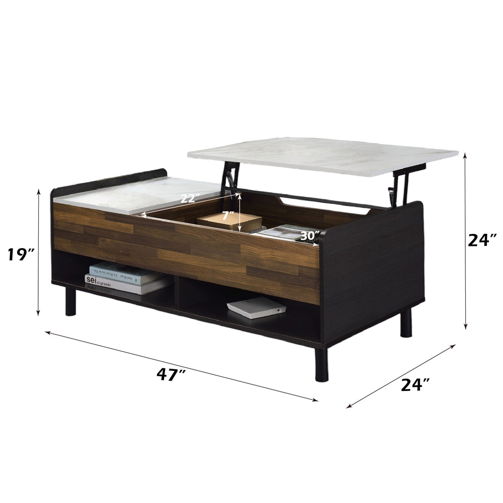 ACME Axel White Printed Faux Marble Walnut & Black Coffee Table with Lift Top Model LV00828