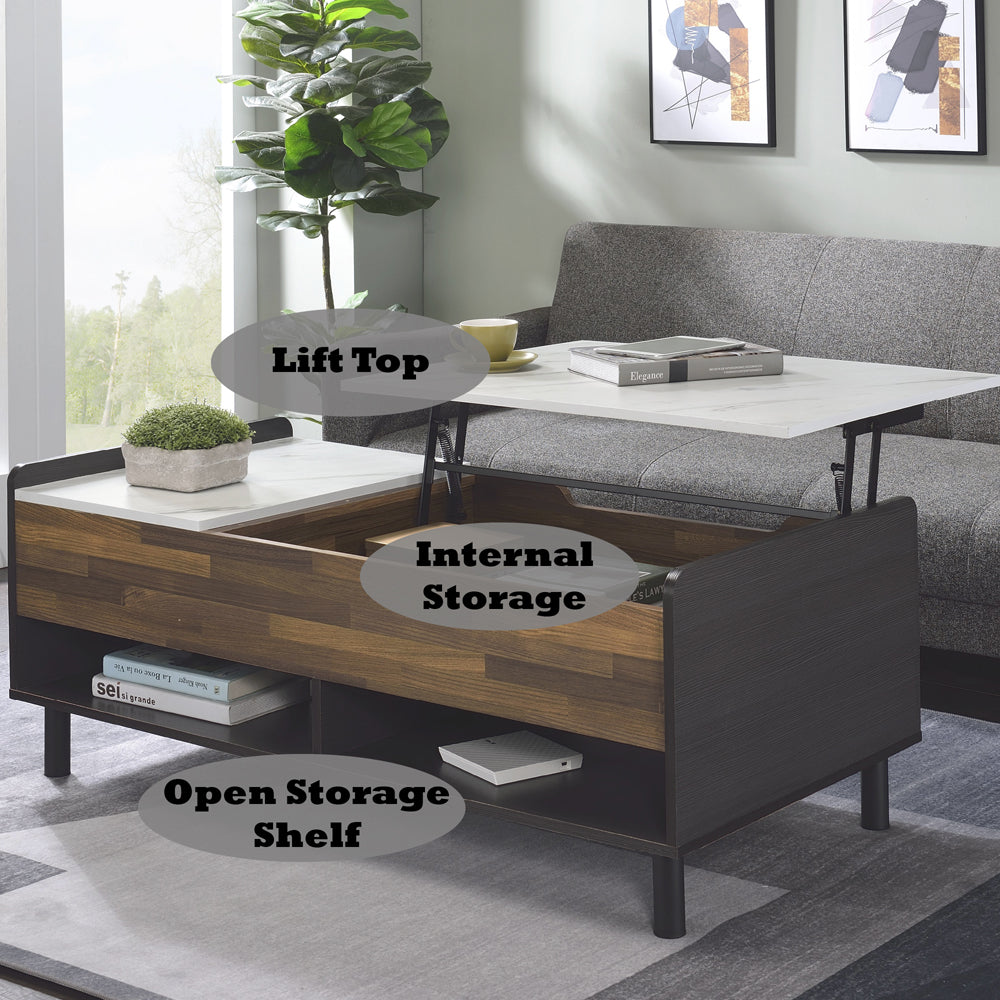 ACME Axel White Printed Faux Marble Walnut & Black Coffee Table with Lift Top Model LV00828