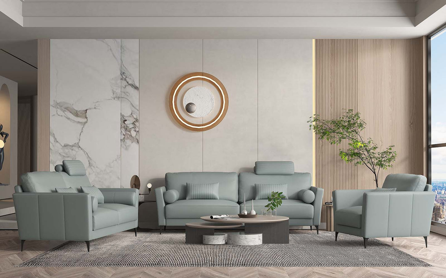 ACME Tussio Watery Top Grain Leather Loveseat with 5 Pillows Model LV00947
