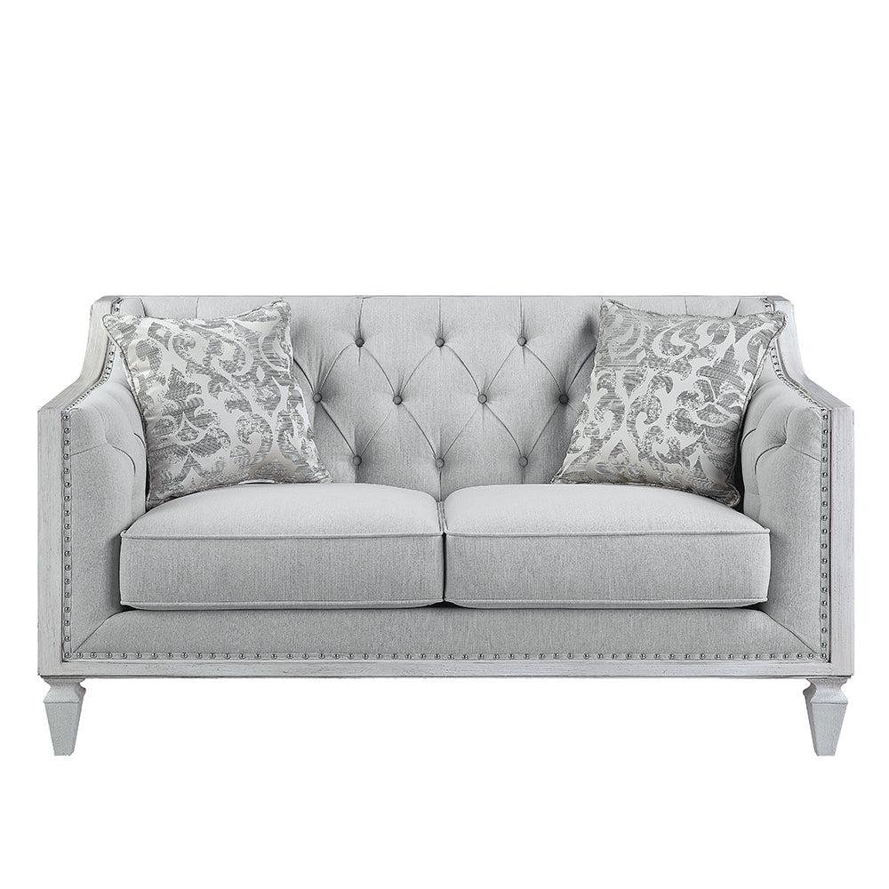 ACME Katia Light Gray Linen & Weathered White Loveseat with 2 Pillows Model LV01050