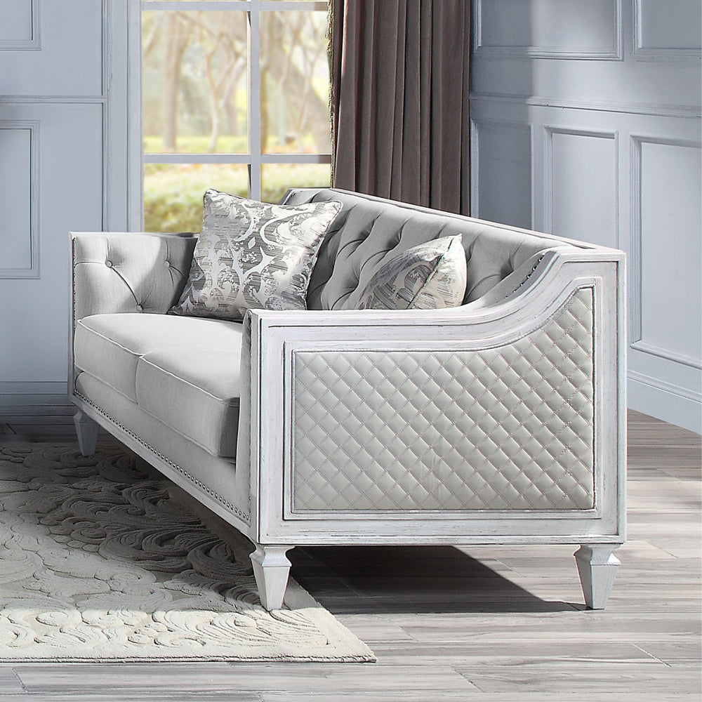 ACME Katia Light Gray Linen & Weathered White Loveseat with 2 Pillows Model LV01050