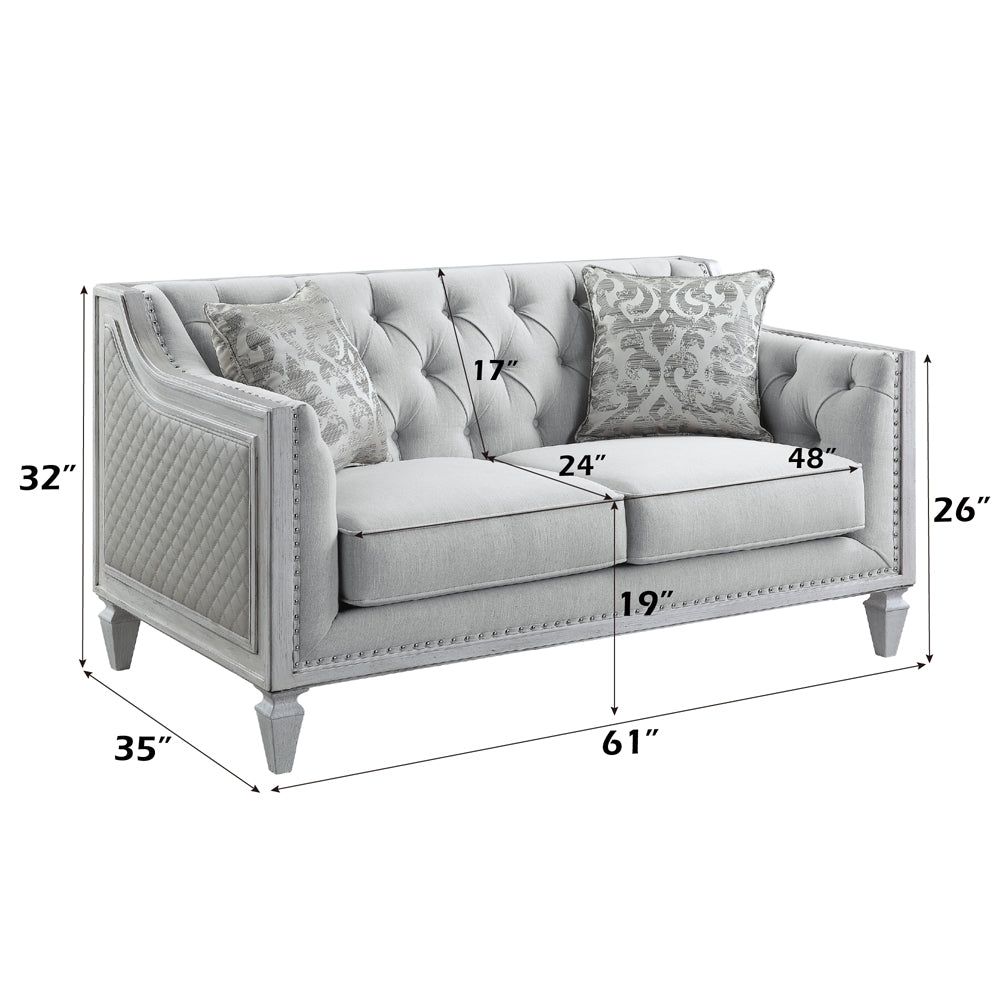 ACME Katia Light Gray Linen & Weathered White Loveseat with 2 Pillows Model LV01050