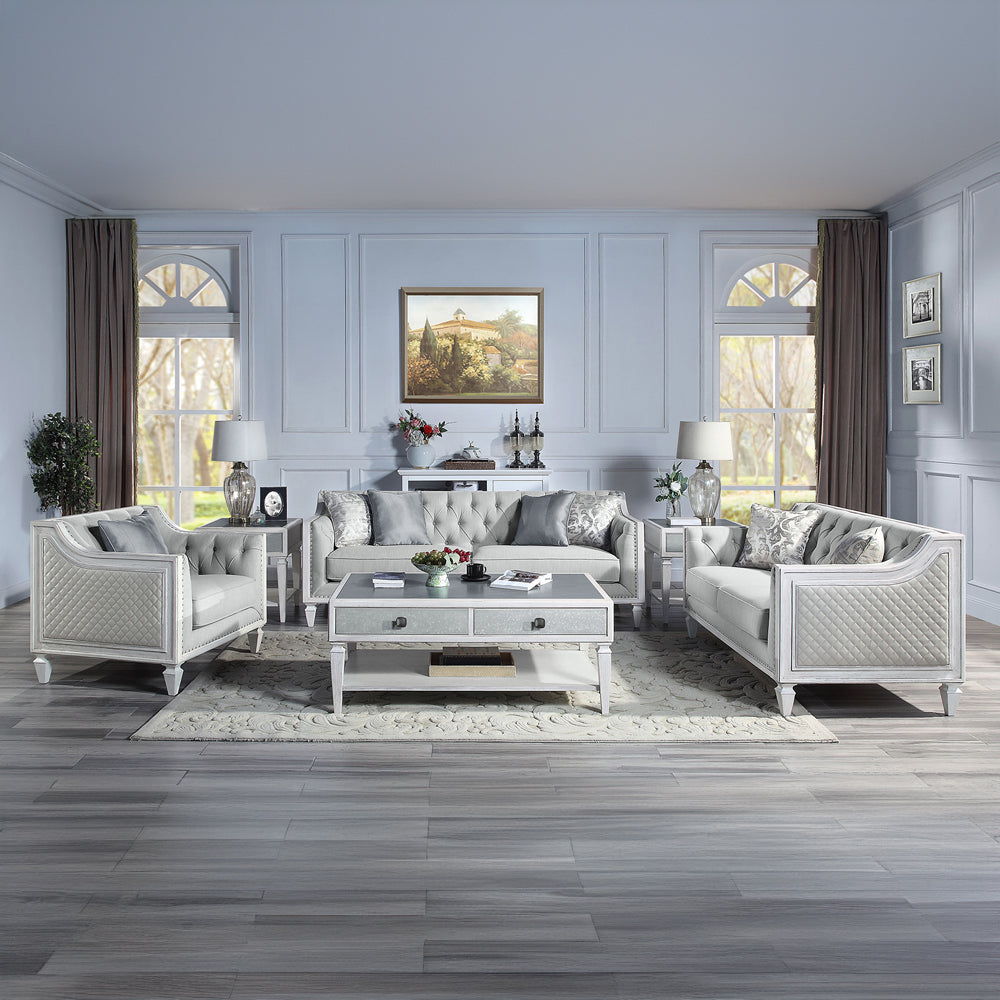ACME Katia Light Gray Linen & Weathered White Loveseat with 2 Pillows Model LV01050