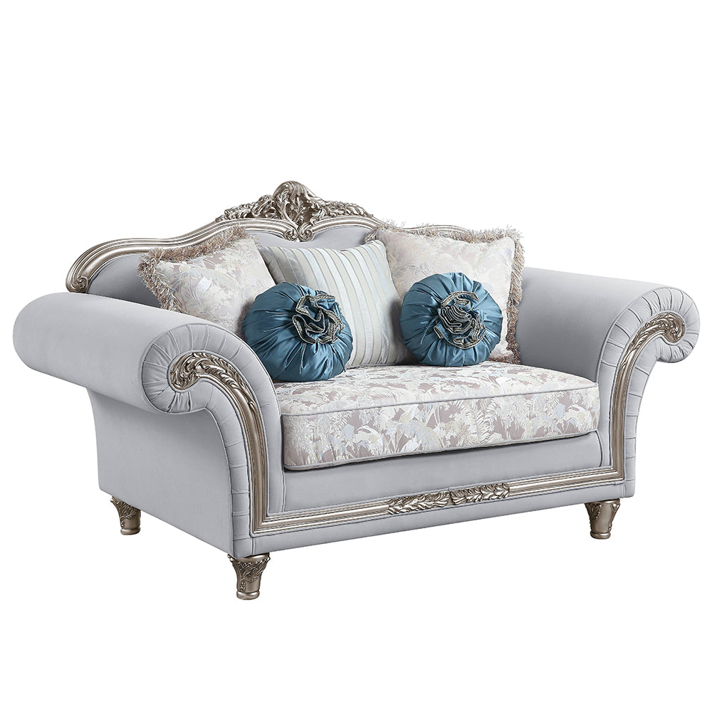ACME Pelumi Light Gray Linen & Platinum Loveseat with 5 Pillows Model LV01113