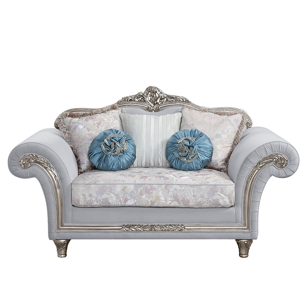 ACME Pelumi Light Gray Linen & Platinum Loveseat with 5 Pillows Model LV01113