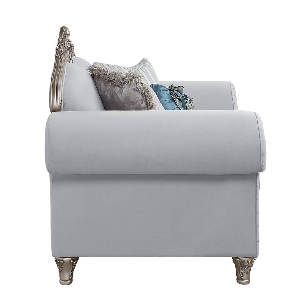ACME Pelumi Light Gray Linen & Platinum Loveseat with 5 Pillows Model LV01113