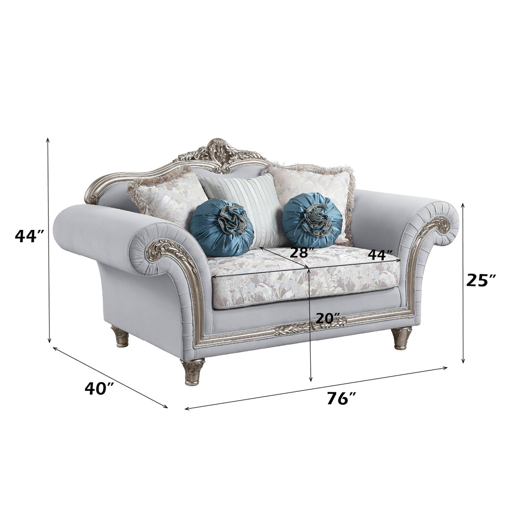 ACME Pelumi Light Gray Linen & Platinum Loveseat with 5 Pillows Model LV01113
