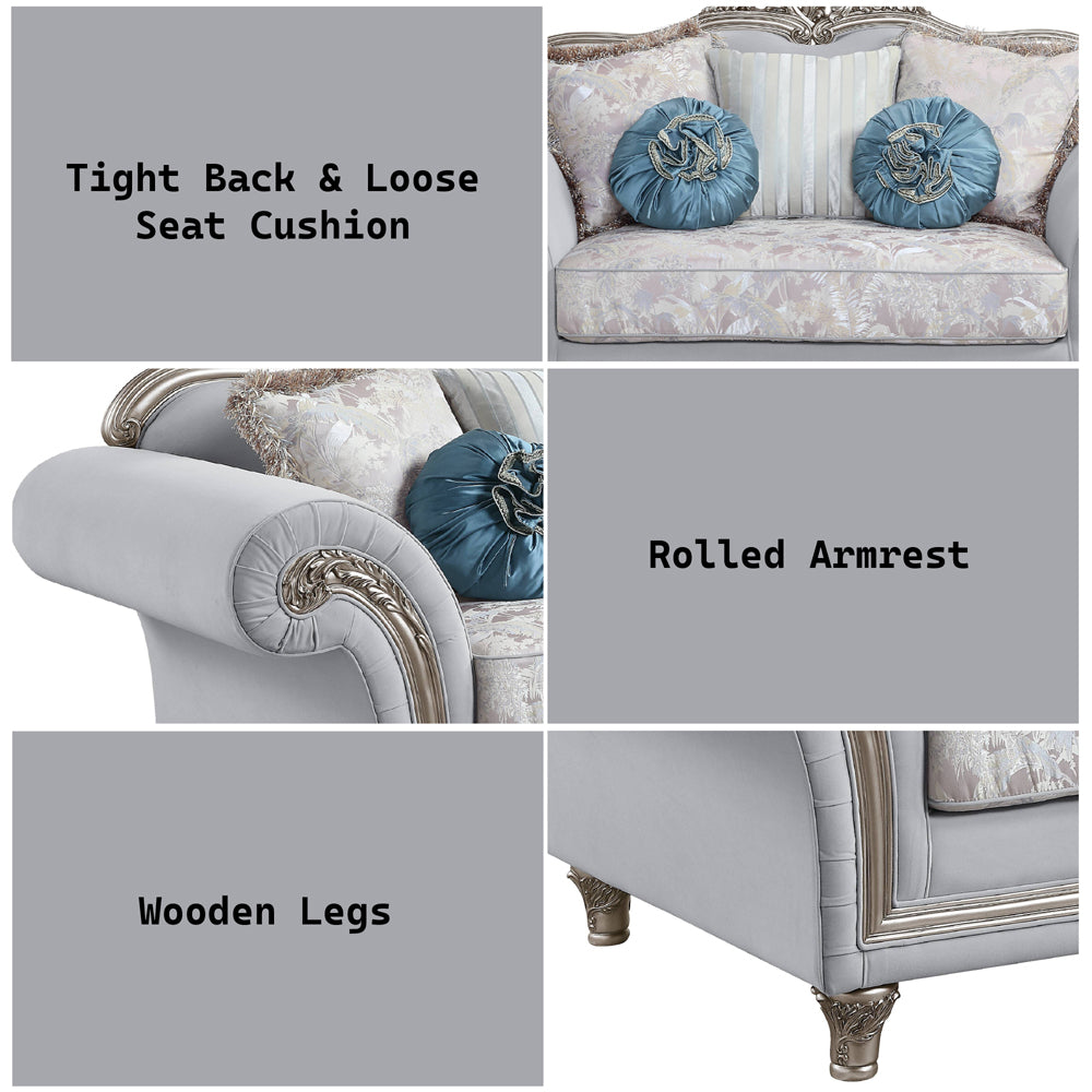 ACME Pelumi Light Gray Linen & Platinum Loveseat with 5 Pillows Model LV01113