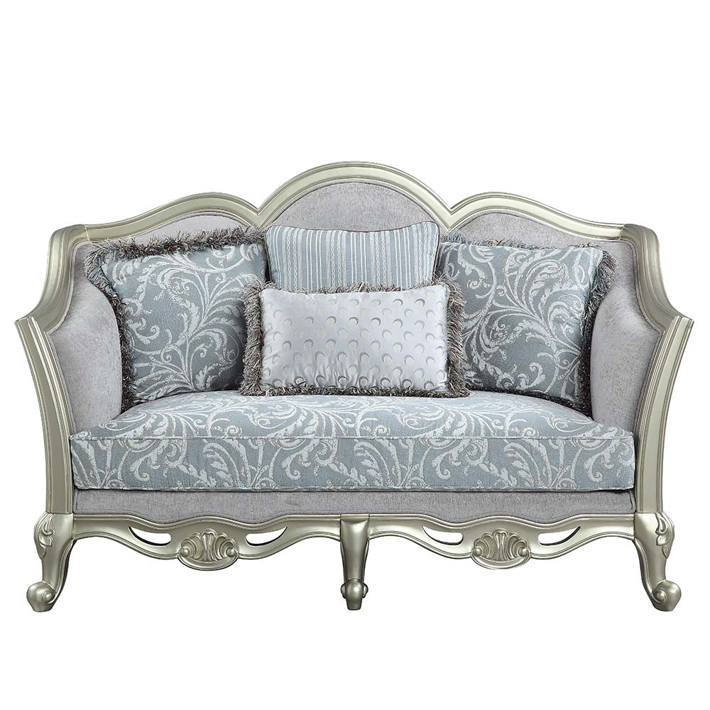 ACME Qunsia Light Gray Linen & Champagne Loveseat with 4 Pillows Model LV01118