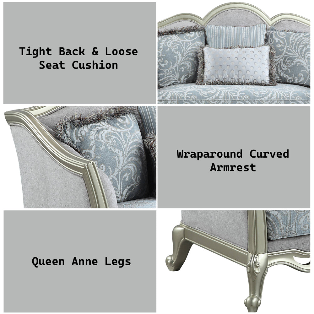 ACME Qunsia Light Gray Linen & Champagne Loveseat with 4 Pillows Model LV01118