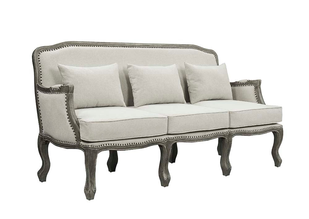 ACME Tania Cream Linen & Brown Sofa with 3 Pillows Model LV01130