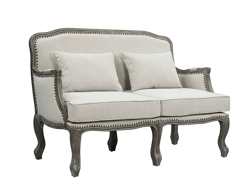 ACME Tania Cream Linen & Brown Loveseat with 2 Pillows Model LV01131