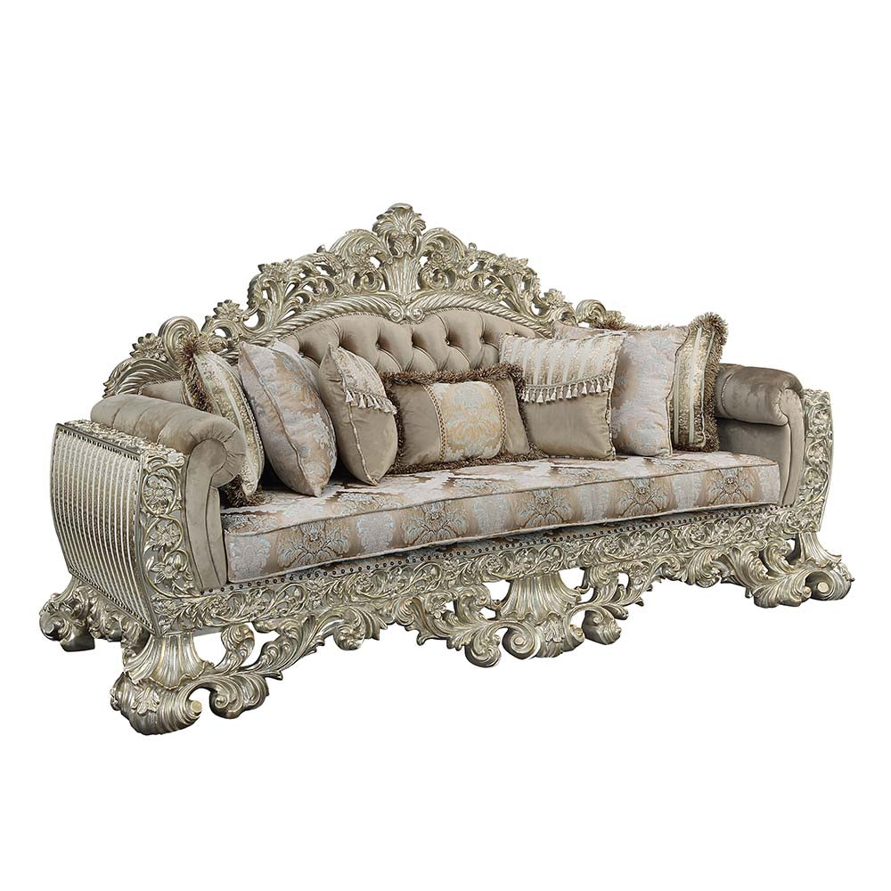 ACME Sorina Velvet Fabric & Antique Gold Sofa with 7 Pillows Model LV01205