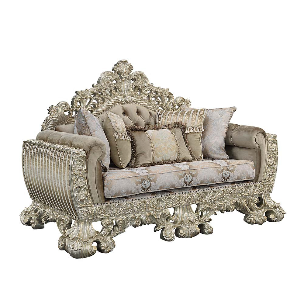 ACME Sorina Velvet Fabric & Antique Gold Loveseat with 5 Pillows Model LV01206