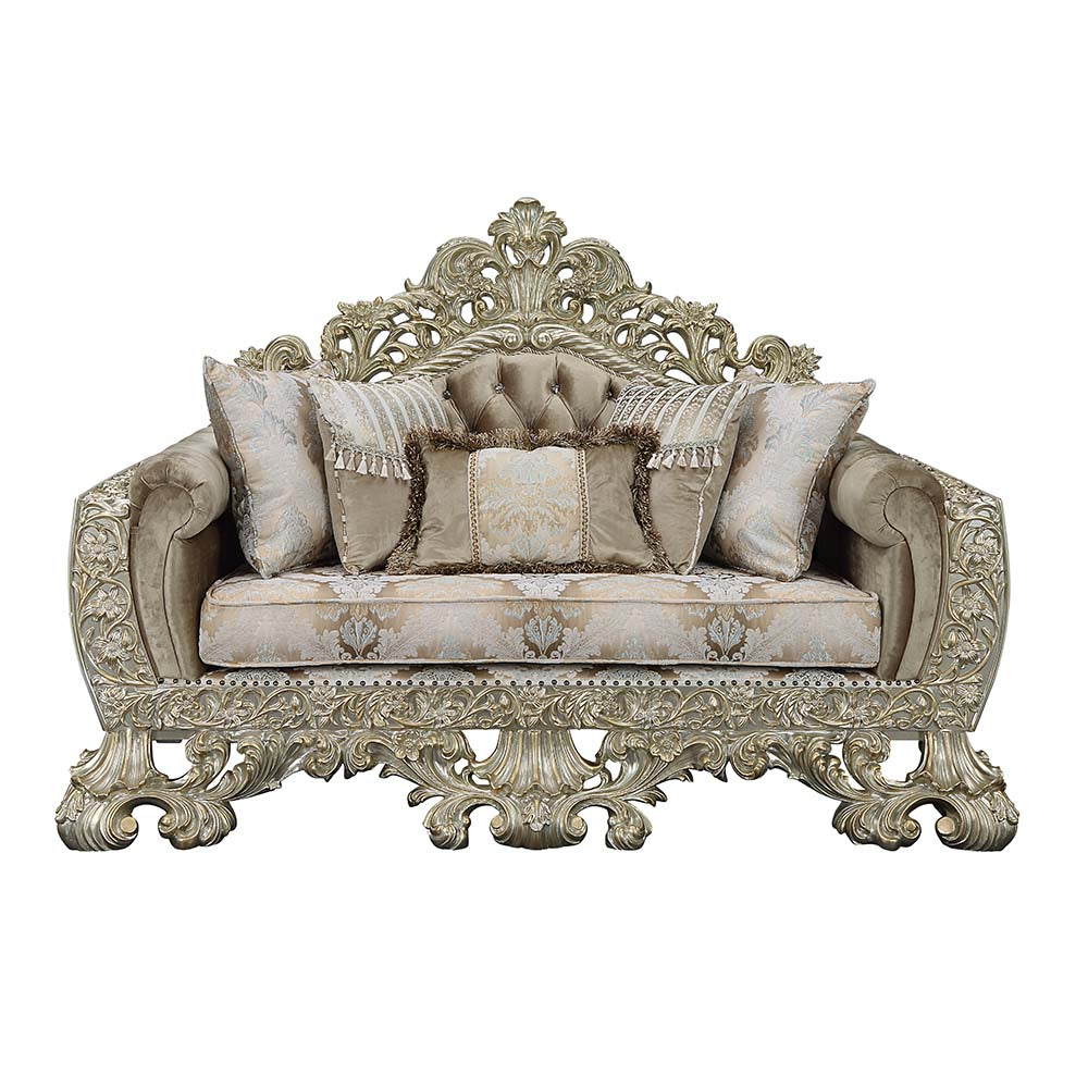 ACME Sorina Velvet Fabric & Antique Gold Loveseat with 5 Pillows Model LV01206