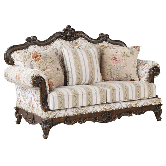 ACME Nayla Pattern Fabric & Walnut Loveseat with 3 Pillows Model LV01274