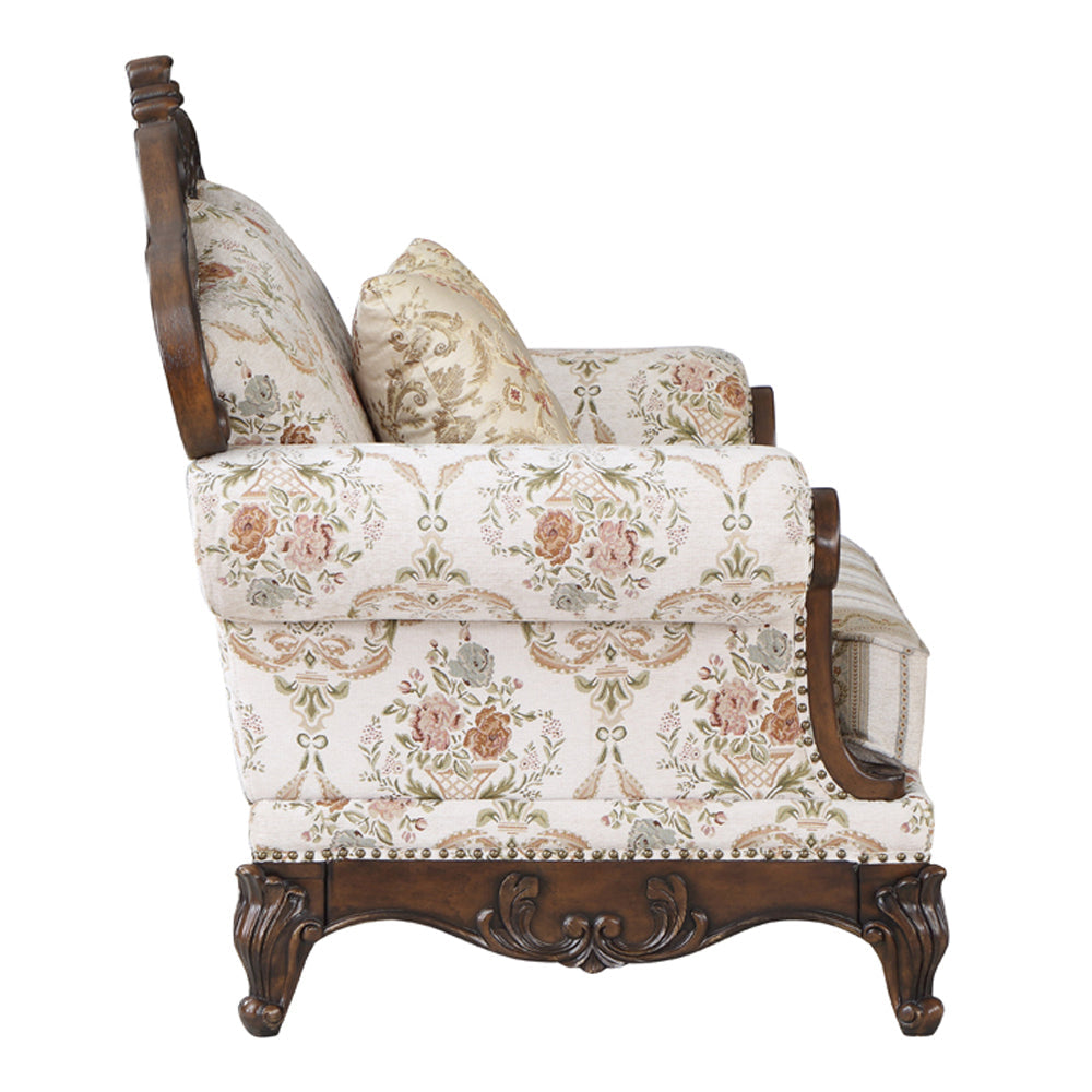 ACME Nayla Pattern Fabric & Walnut Loveseat with 3 Pillows Model LV01274