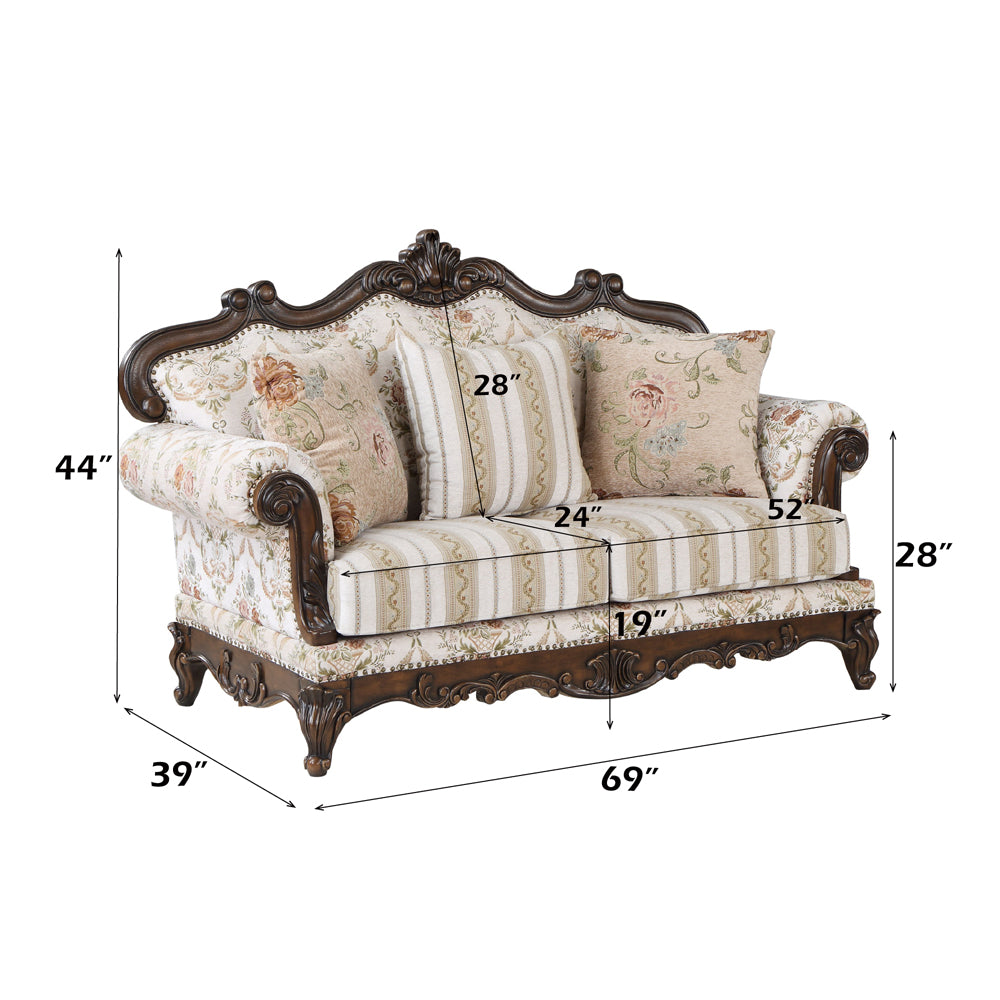 ACME Nayla Pattern Fabric & Walnut Loveseat with 3 Pillows Model LV01274