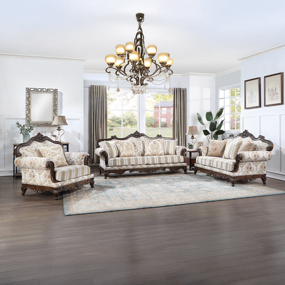 ACME Nayla Pattern Fabric & Walnut Loveseat with 3 Pillows Model LV01274