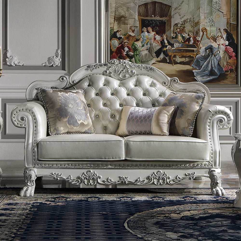 ACME Dresden Synthetic Leather & Bone White Loveseat with 3 Pillows Model LV01689
